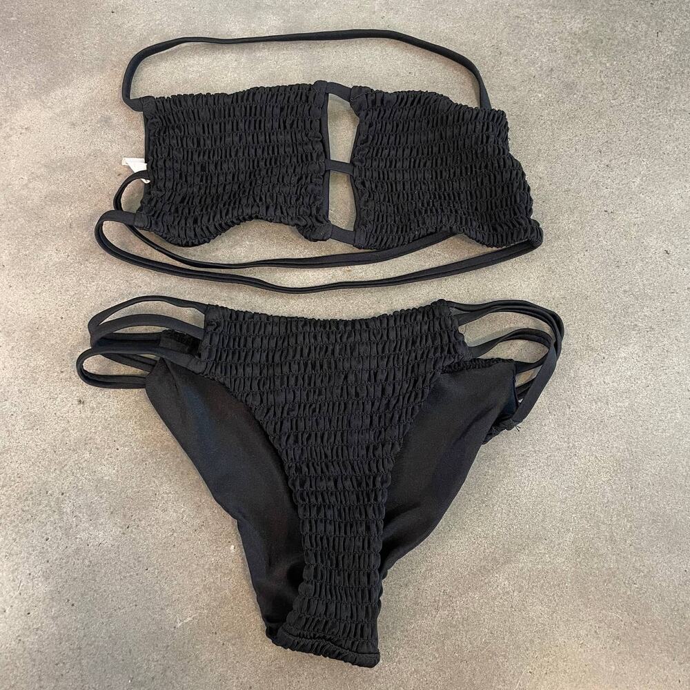 Black Scrunch strapless Bikini Swimsuit Brazillian cut bottom XS New swim